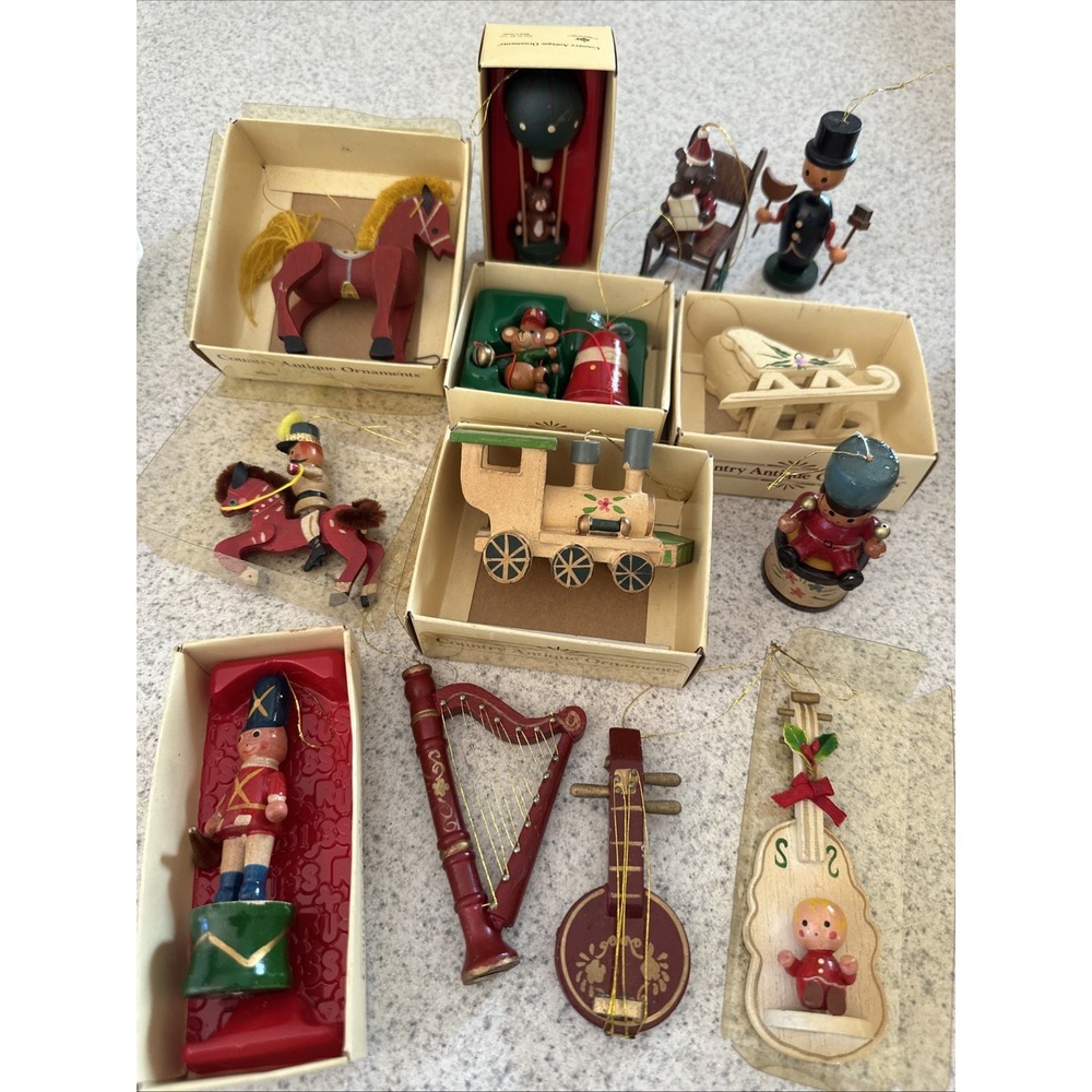 Russ Country Antique Christmas Ornaments Lot 13 Vintage Wooden Hanging Figurines